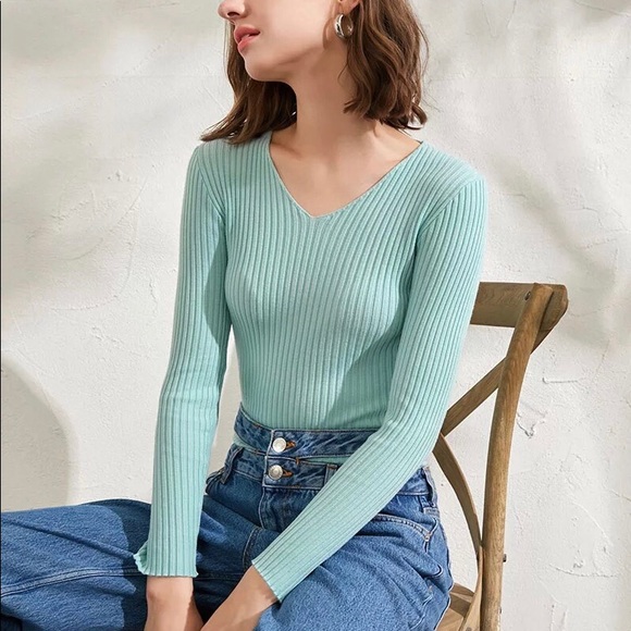 Thin sweater knit ribbed shirt v-neck khaki brown long sleeve basic top - Picture 4 of 6